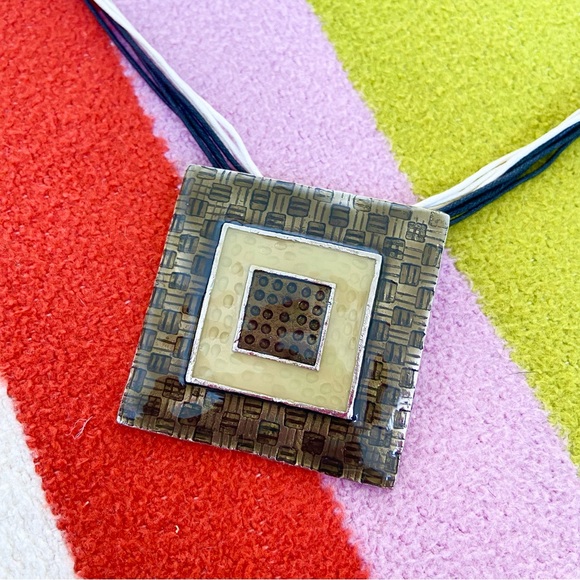 Vintage y2k Pendant Necklace Jewellery Statement Green Enamel Square Cord 90s - Picture 2 of 4